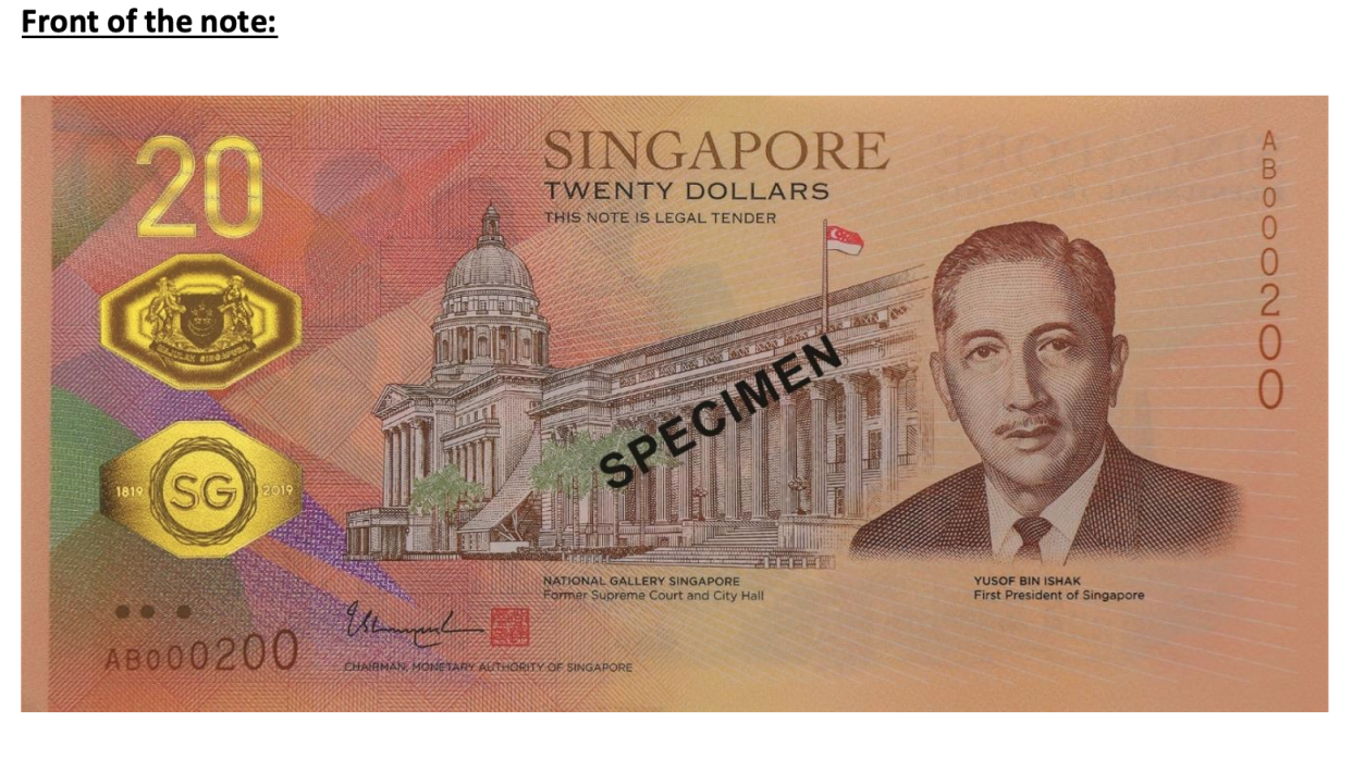 Singapore's new $20 note, launched in commemoration of the Singapore Bicentennial. (PHOTO: Monetary Authority of Singapore)