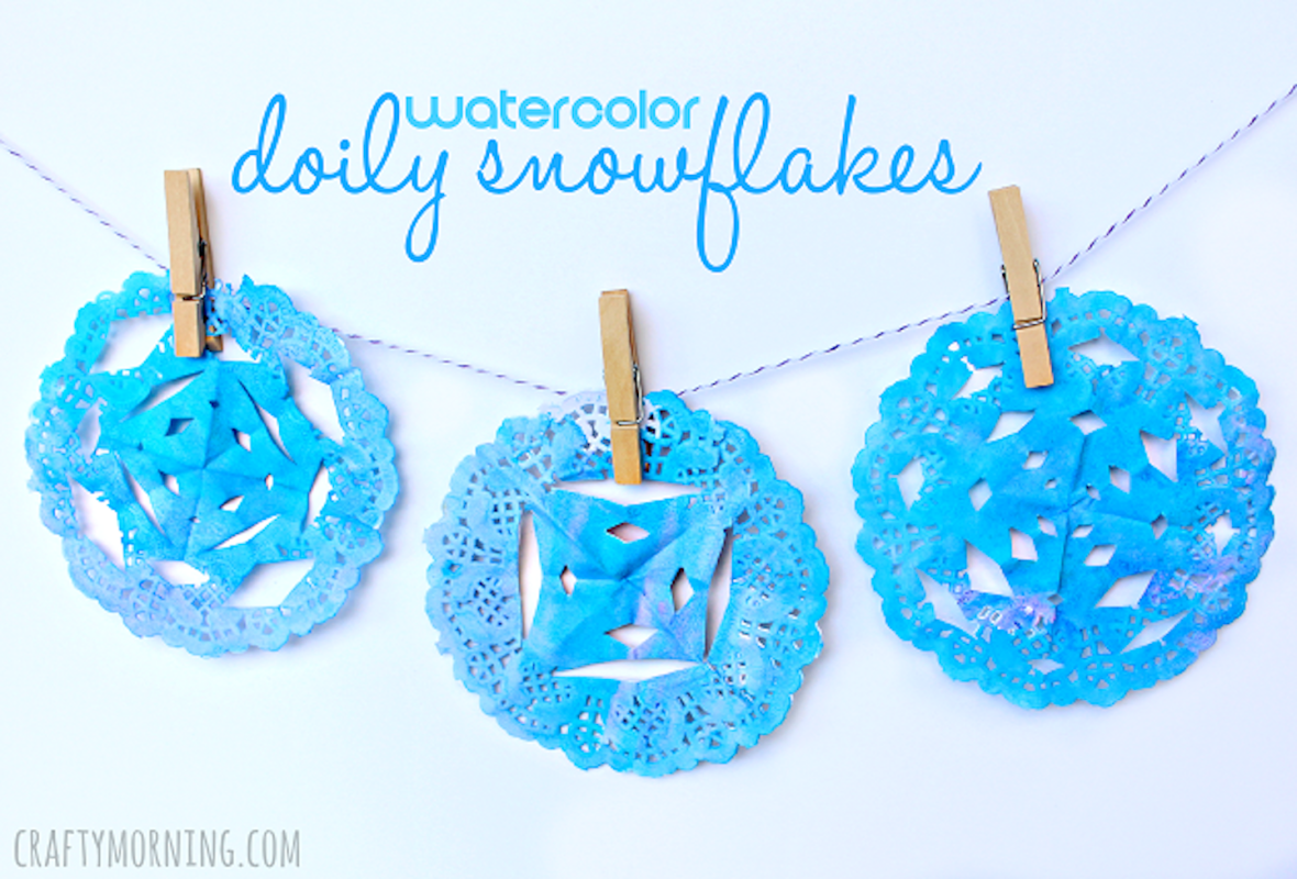 <p>Crafty Morning</p><p>Instead of using paper to cut out snowflakes, use doilies for an updated look, as <em><a href="https://www.craftymorning.com/watercolor-doily-snowflakes-kids-craft/" rel="nofollow noopener" target="_blank" data-ylk="slk:Crafty Morning;elm:context_link;itc:0;sec:content-canvas" class="link rapid-noclick-resp">Crafty Morning</a></em> did. Then, paint them with watercolors.</p>