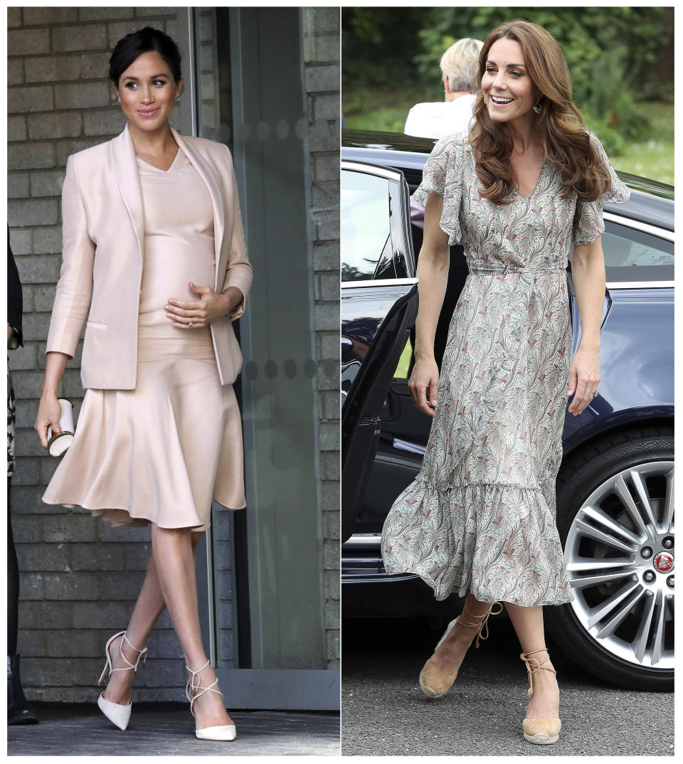 This combination photo shows Meghan, Duchess of Sussex at the National Theatre in London on Jan. 30, 2019, left, and Kate, Duchess of Cambridge arriving at a photography workshop for Action for Children in Kingston, England on June 25, 2019. Meghan and Kate continue to be trendsetters and bloggers have made careers out of tracking who and what they wear. (AP Photo)
