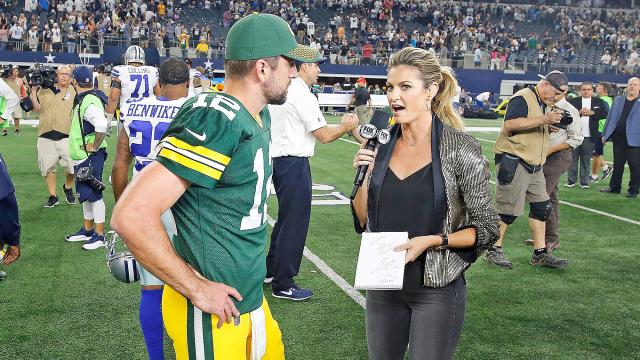 Fox Sports Network broadcaster Erin Andrews, left, embraces New England  Patriots quarterback Tom Brady after an NFL football game against the  Indianapolis Colts, Thursday, Oct. 4, 2018, in Foxborough, Mass. (AP  Photo/Charles