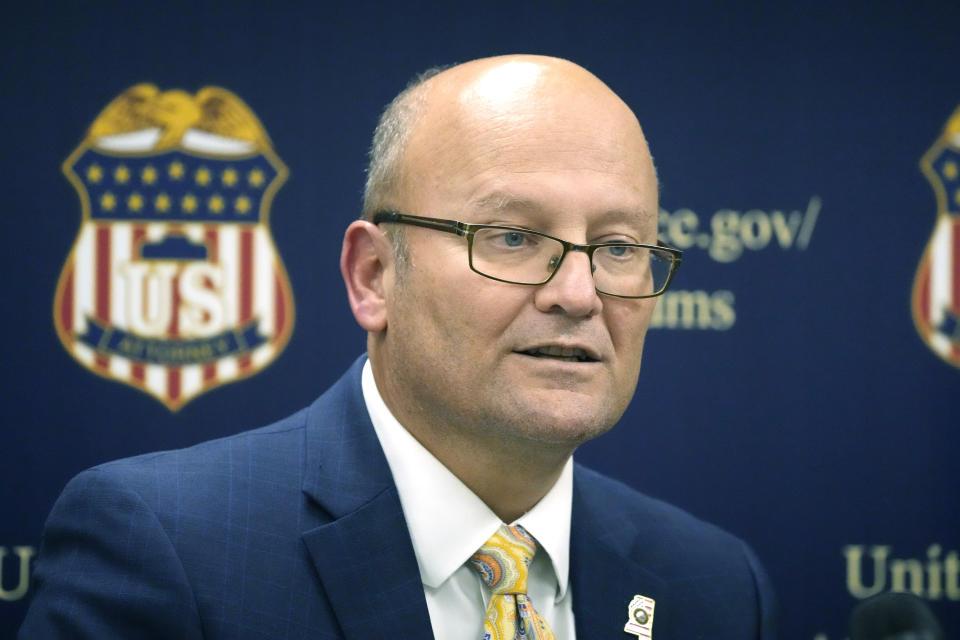 U.S. Attorney Darren J. LaMarca, speaks to reporters after six white former law enforcement officers in Mississippi pleaded guilty to federal civil rights offenses in federal court in Jackson, Miss., Thursday, Aug. 3, 2023. The six former officers who called themselves the “Goon Squad” pleaded guilty to a racist assault on two Black men in a home raid that ended with an officer shooting one man in the mouth. (AP Photo/Rogelio V. Solis)