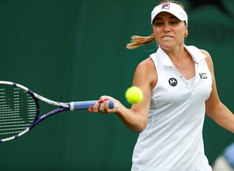 Sofia Kenin of the United States competes during the women's singles first round match between Sofia Kenin of the United States and Wang Xinyu of China at the 2021 Wimbledon Tennis Championships in London, Britain, on June 28, 2021. (Photo by Han Yan/Xinhua via Getty Images)