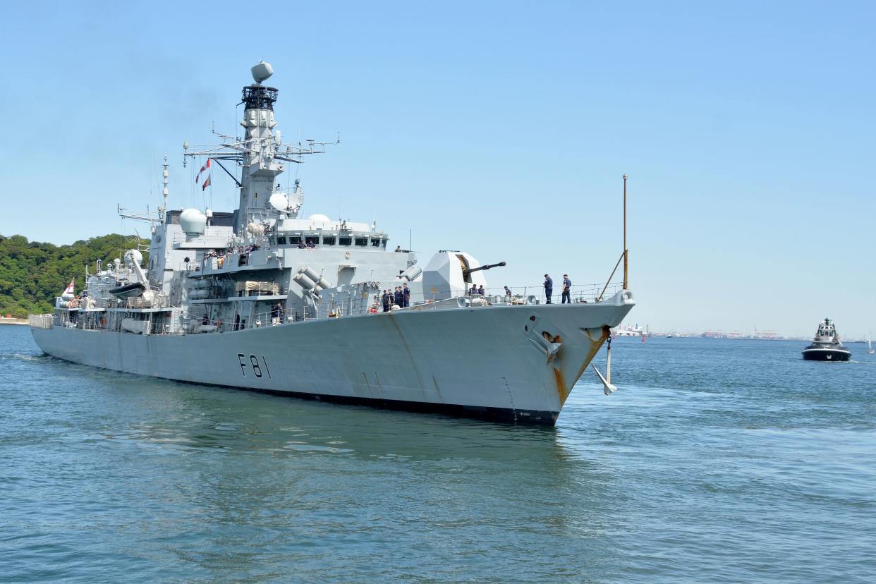 British Royal Navy Type 23 frigate HMS Sutherland viewed from the front on a sunny day in Yokosuka, Japan, April 26, 2018. Image courtesy Petty Officer 1st Class Peter Burghart/Commander, Fleet Activities Yokosuka. (Photo by Smith Collection/Gado/Getty Images)