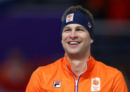 <p>Sven Kramer of the Netherlands celebrates his gold medal during the victory ceremony after the Men’s 5000m Speed Skating event on day two of the PyeongChang 2018 Winter Olympic Games. </p>