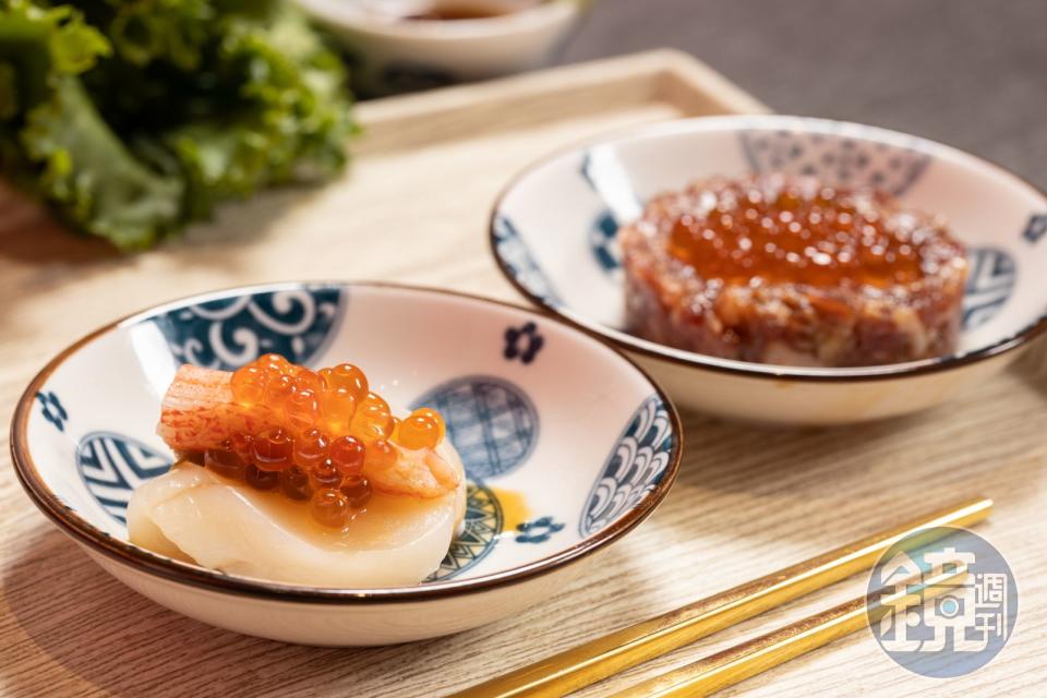 「招牌生食干貝漢堡」把北海道干貝夾入松葉蟹膏和蟳味棒，再澆淋鮭魚卵，一口吃，鮮味洶湧。（189元／份，圖左）