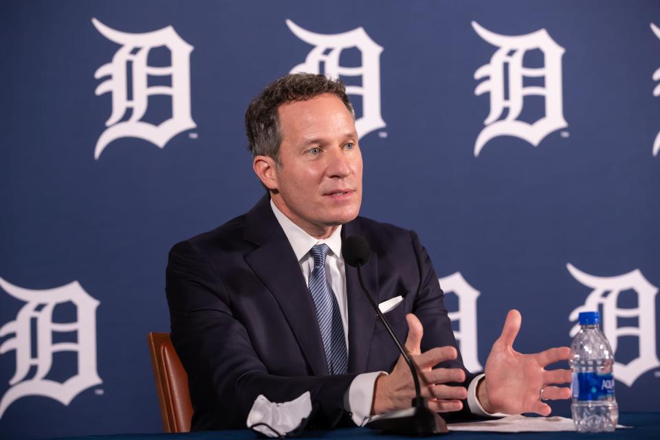 Detroit Tigers chairman and CEO Christopher Ilitch answers questions from the media after introducing AJ Hinch as the franchise's new manager on Friday, Oct. 30, 2020.