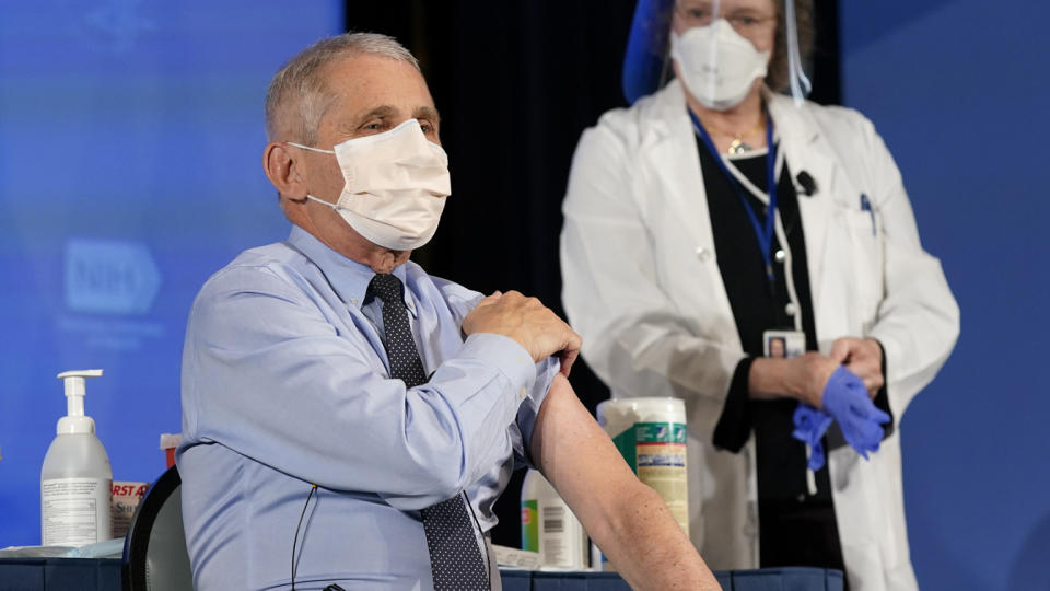 Anthony Fauci before receiving Moderna's COVID-19 vaccine in Bethesda, Md., on Tuesday. (Patrick Semansky/Associated Press/Bloomberg via Getty Images)