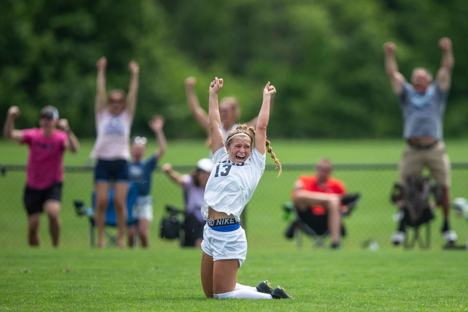 Des Moines Christian's Isabel Garcia celebrates making a goal during the Class 1A girls state soccer championship, on Saturday, June 4, 2022, at the Cownie Soccer Complex, in Des Moines. Des Moines Christian won the title match, 1-0. 