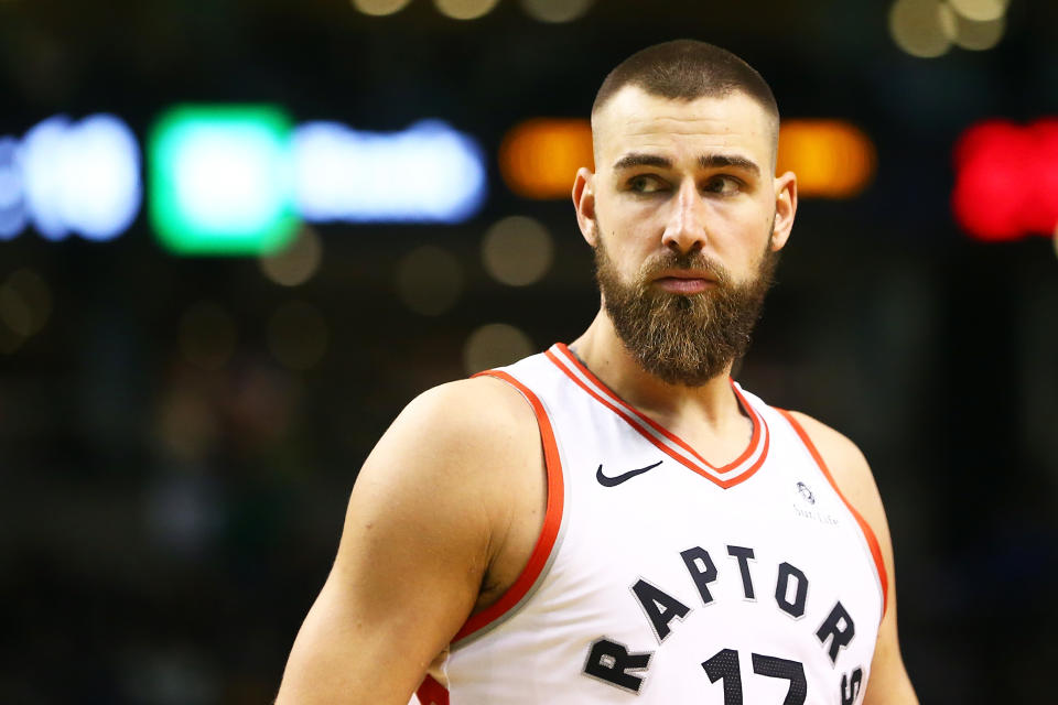 BOSTON, MA - MARCH 31:  Jonas Valanciunas #17 of the Toronto Raptors looks on during a game against the Boston Celtics at TD Garden on March 31, 2018 in Boston, Massachusetts. NOTE TO USER: User expressly acknowledges and agrees that, by downloading and or using this photograph, User is consenting to the terms and conditions of the Getty Images License Agreement. (Photo by Adam Glanzman/Getty Images)