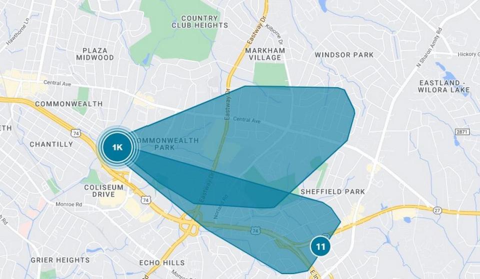In this screen capture from the Duke Energy outage map, more than 1,000 customers were without power in Charlotte, NC, as of 1:30 p.m. on Sunday, May 22, 2022.