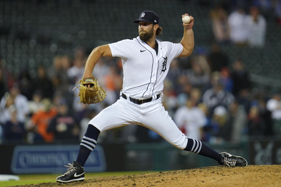 Detroit Tigers pitcher Daniel Norris throws in the ninth inning of a baseball game against the St. Louis Cardinals in Detroit, Tuesday, June 22, 2021. (AP Photo/Paul Sancya)