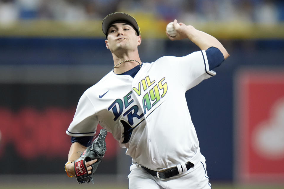 Tampa Bay Rays starting pitcher Shane McClanahan delivers to the Milwaukee Brewers during the first inning of a baseball game Friday, May 19, 2023, in St. Petersburg, Fla. (AP Photo/Chris O'Meara)