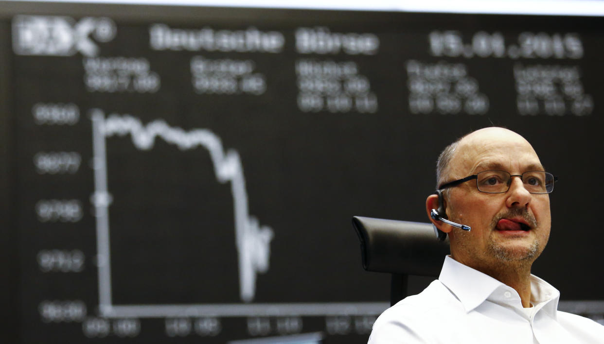  bear market  A trader reacts in front of the German share price index DAX board at the Frankfurt stock exchange, January 15, 2015. Global markets were thrown into turmoil on Thursday as a shock move by Switzerland to abandon its three-year cap on the franc sent the currency soaring and Europe's shares and bond yields tumbling.    REUTERS/Kai Pfaffenbach (GERMANY  - Tags: BUSINESS TPX IMAGES OF THE DAY)  