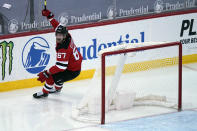 New Jersey Devils' Marian Studenic celebrates his first NHL goal during the third period of the NHL hockey game against the New York Rangers in Newark, N.J., Sunday, April 18, 2021. (AP Photo/Seth Wenig)