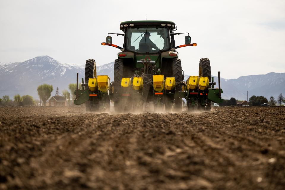 Ron Gibson, owner of Gibson’s Green Acres and president of the Utah Farm Bureau, drives a tractor while planting a field with corn in Ogden on Thursday, May 4, 2023. | Spenser Heaps, Deseret News