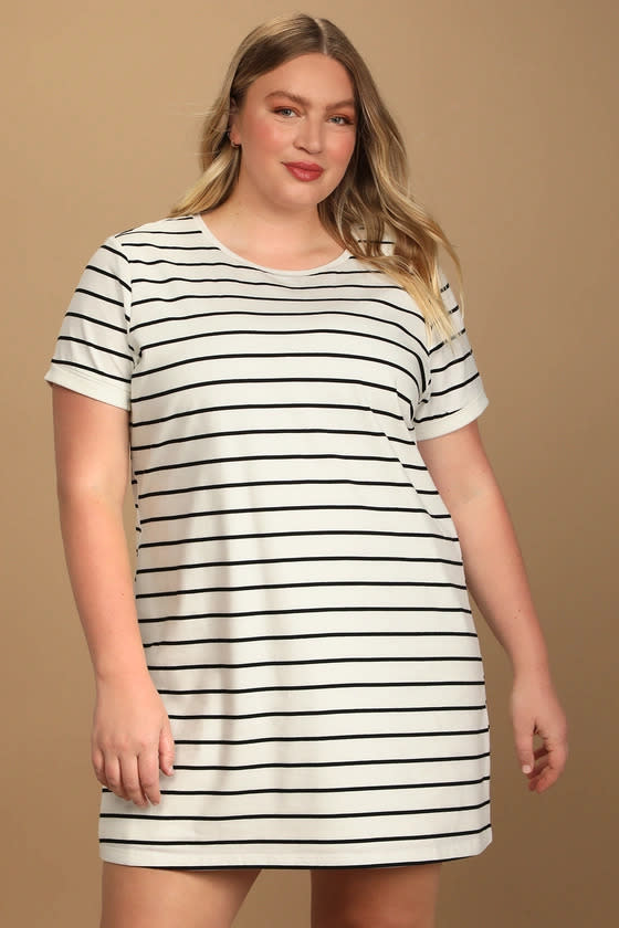 Cafe Society Black and Cream Striped Shirt Dress. Image via Lulus.