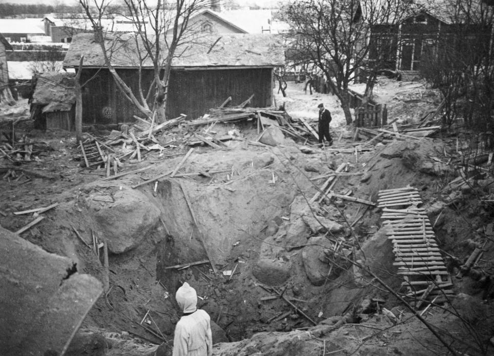 A pit made by a Soviet Red Army bombing in Loviisa, Finland, in 1940.