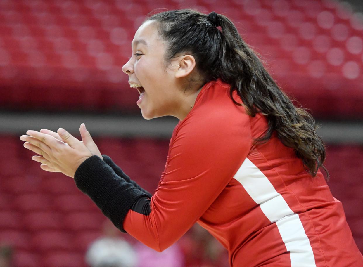 Texas Tech's Maddie Correa reacts to a winning point against Tartleton State, Tuesday, Aug. 30, 2022, at United Supermarkets Arena. Texas Tech won: 25-18, 25-20 and 25-15.