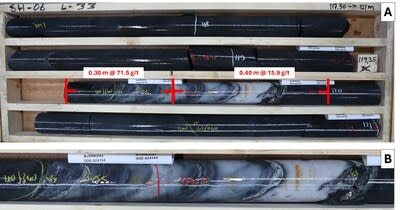 Figure 5. Drill core photos from SH-06 showing an intercept grading 39.7 g/t gold over 0.70 m (ETW 0.45 m) (A) and a close up of mineralised quartz vein (B). (CNW Group/Mandalay Resources Corporation)