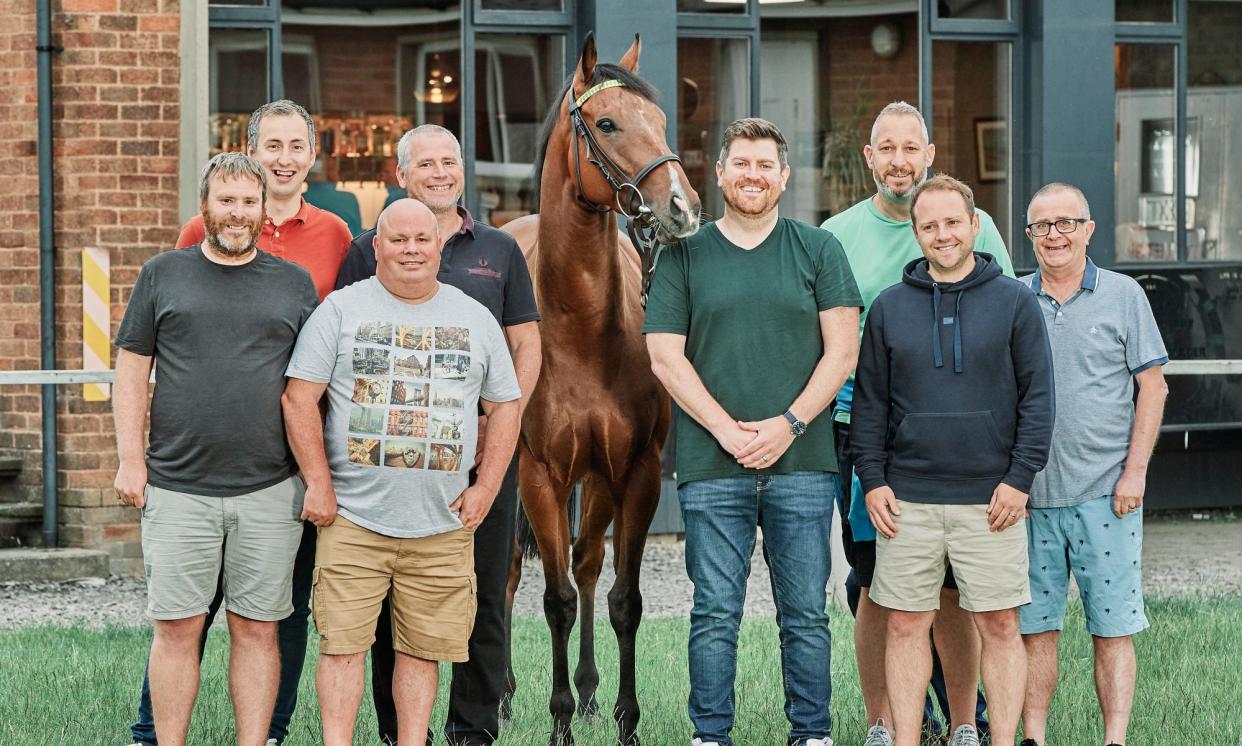 <span>On to a winner … the lads with Showtime Mahomes, the racehorse they clubbed together to buy.</span><span>Photograph: ITV</span>