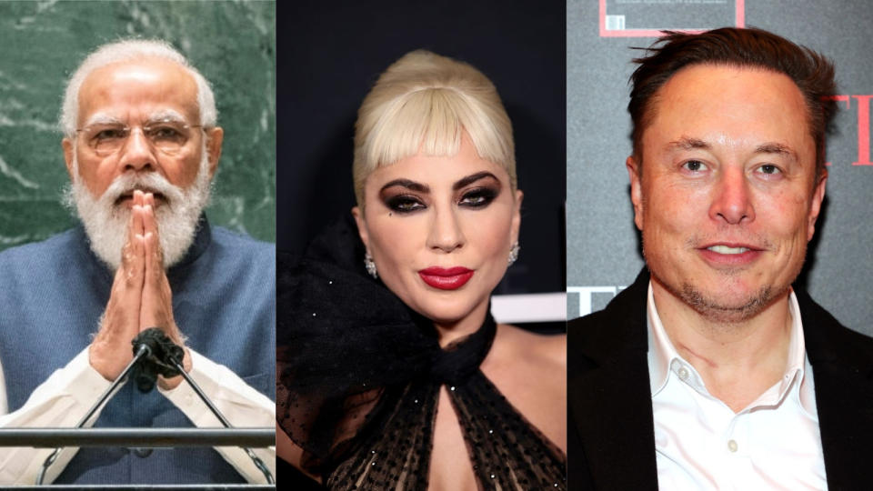 Photo collage of Indian Prime Minister Narendra Modi, musician Lady Gaga, and Tesla CEO Elon Musk. 