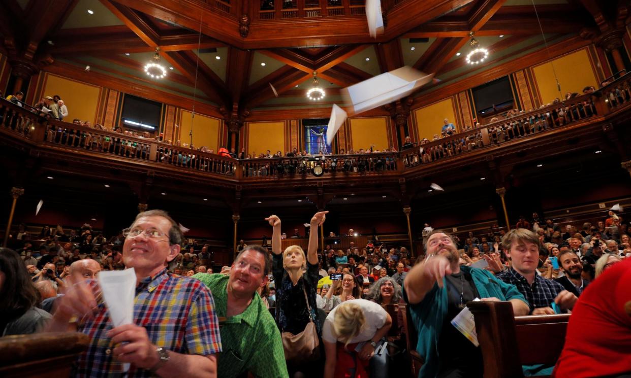 <span>Throwing paper planes is an Ig Nobel ceremony tradition.</span><span>Photograph: Brian Snyder/Reuters</span>