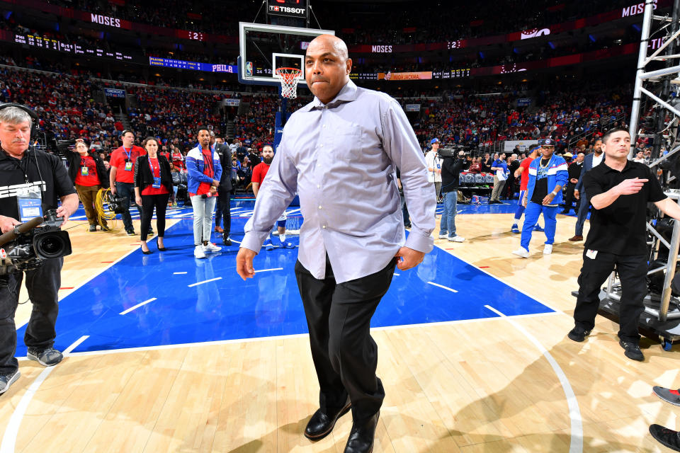 PHILADELPHIA, PA - FEBRUARY 8: NBA legend Charles Barkley attends Moses Malone's jersey retirement ceremony during the game between the Denver Nuggets and the Philadelphia 76ers on February 8, 2019 at the Wells Fargo Center in Philadelphia, Pennsylvania. NOTE TO USER: User expressly acknowledges and agrees that, by downloading and/or using this photograph, user is consenting to the terms and conditions of the Getty Images License Agreement. Mandatory Copyright Notice: Copyright 2019 NBAE (Photo by Jesse D. Garrabrant/NBAE via Getty Images)