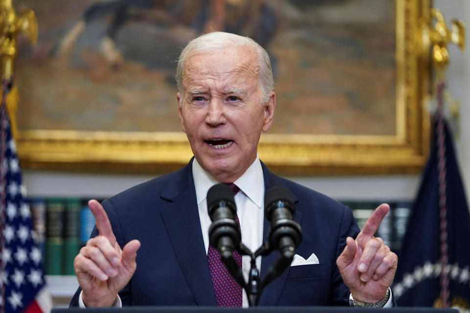 U.S. President Joe Biden speaks about the U.S. Supreme Court’s decision to strike down race-conscious student admissions programs at Harvard University and the University of North Carolina, during brief remarks in the Roosevelt Room at the White House in Washington, U.S., June 29, 2023. REUTERS/Kevin Lamarque
