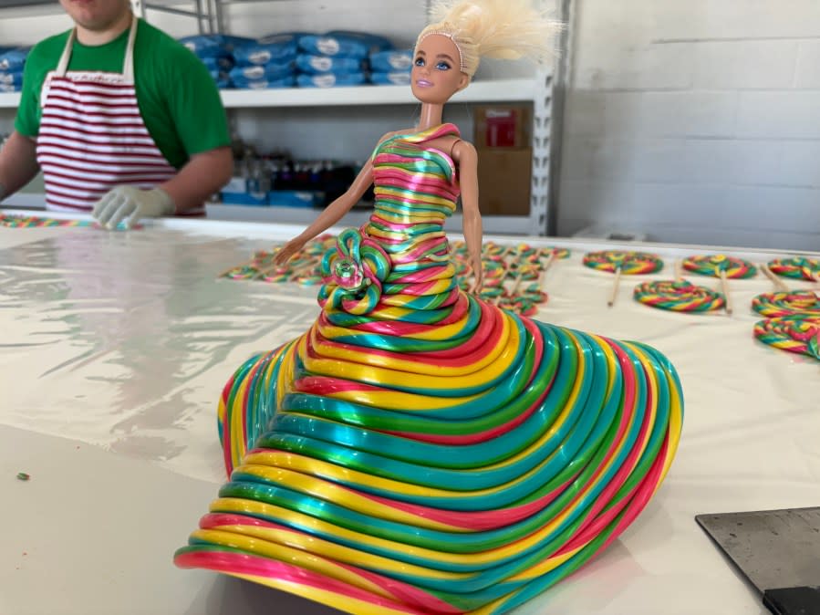 Easter candy swirl covered doll at Lindale Candy Company.
