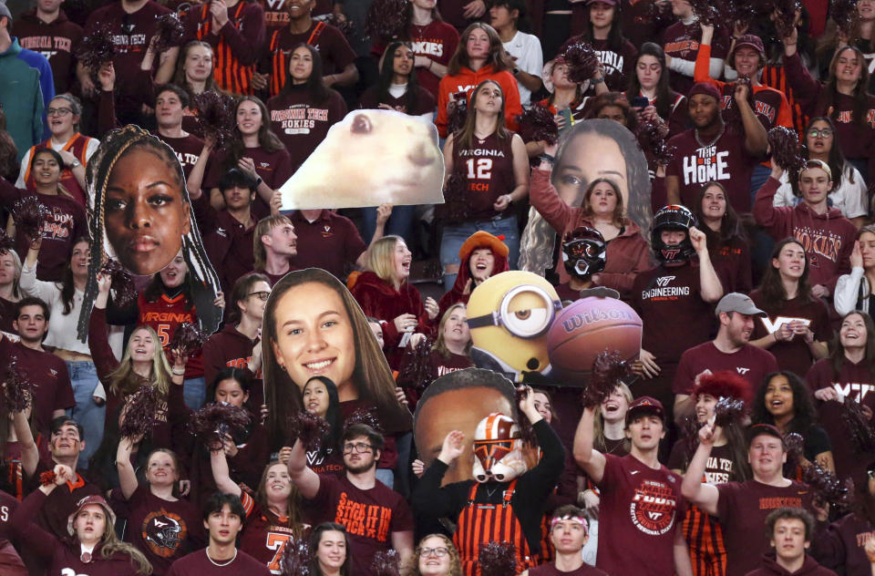 Virginia Tech fans cheer at the start of an NCAA basketball game against Virginia, Thursday, Feb. 1, 2024, in Blacksburg, Va. (Matt Gentry/The Roanoke Times via AP)