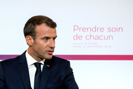 French President Emmanuel Macron delivers a speech on the transformation of the French healthcare system at the Elysee Palace in Paris, France, September 18, 2018. Etienne Laurent/Pool via REUTERS