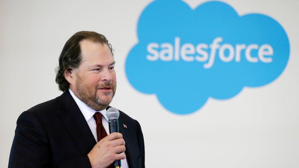 Marc Benioff, Gründer und Chef von Salesforce, spricht auf einer Pressekonferenz.