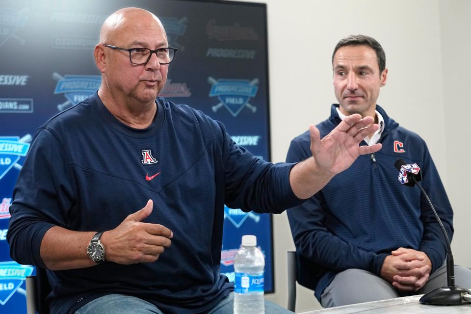 Guardians manager Terry Francona discusses his decision to step away from baseball during a news conference Oct. 3 in Cleveland. At right is team president Chris Antonetti.