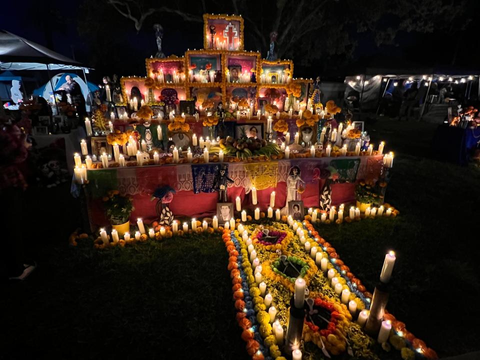 An altar honoring the dead is displayed at the Día de Los Muertos celebration at the Hollywood Forever Cemetery in Los Angeles on Saturday, Oct. 28, 2023.