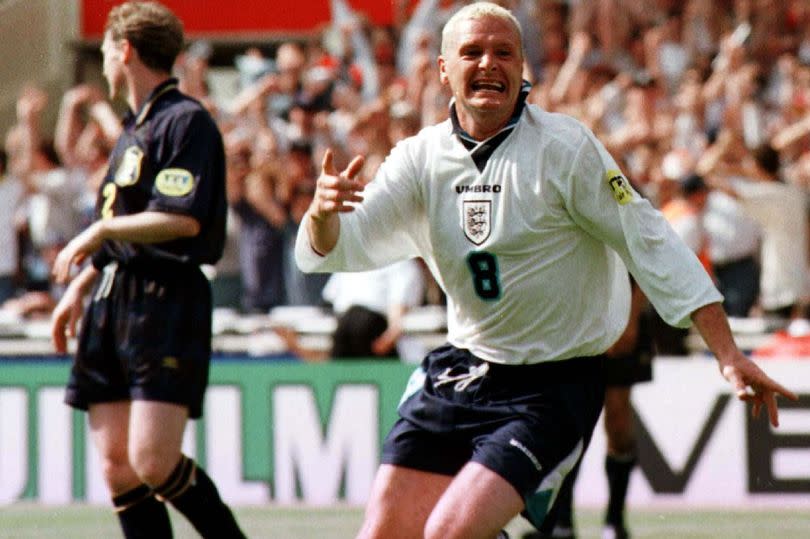 Paul Gascoigne celebrates after scoring England's  second goal against Scotland during Euro '96