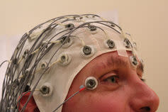 <span class="caption">Adult undergoing EEG.</span> <span class="attribution"><a class="link " href="https://www.flickr.com/photos/tim_uk/8135755109/in/photolist-doVSxP-G3g1k-5VDyqv-FBYA1T-FiHZud-rcyuVn-8YcnSJ-cmQnAY-882E4T-885Rhh-885R7S-66Z1y4-4pbXk3-885RZd-a5PQfo-bppsV1-sitvg-882EgR-q628i2-9yxW41-R39NVM-anW3Rb-2hbRCx-anW3Vf-5sHYA-99k8e1-8q5acv-4p7T66-4pbXw9-6hAta2-6hWtFf-7dgkPS-eBjJCT-e7Fb1J-czwxDy-b6NTin-eLYRop-dLy5Wo-a8CrYt-a8CrKi-6B9akn-q1gqgm-a8FiCd-dLsxX4-6toVX-a8FifY-dqP5yk-dqP5uX-a8FjMd-d6Yeo9" rel="nofollow noopener" target="_blank" data-ylk="slk:Tim Sheerman-Chase/Flickr;elm:context_link;itc:0;sec:content-canvas">Tim Sheerman-Chase/Flickr</a>, <a class="link " href="http://creativecommons.org/licenses/by/4.0/" rel="nofollow noopener" target="_blank" data-ylk="slk:CC BY;elm:context_link;itc:0;sec:content-canvas">CC BY</a></span>