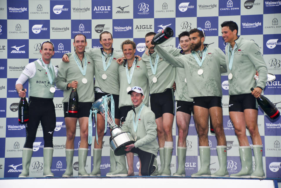 Cambridge University Boat Club rowers celebrate victory over Oxford University Boat Club in London on 7 April 2019. Photo: Alberto Pezzali/NurPhoto via Getty Images