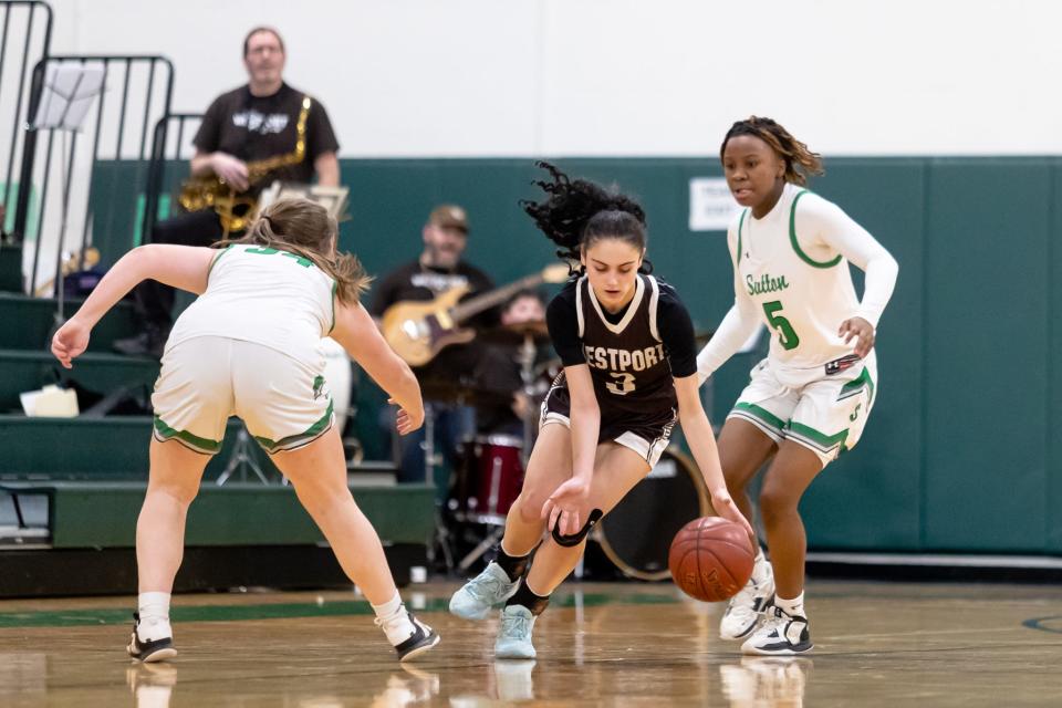 Westport’s Korynne Holden comes up with a steal during Friday’s MIAA Division 5 Elite Eight matchup with Sutton.