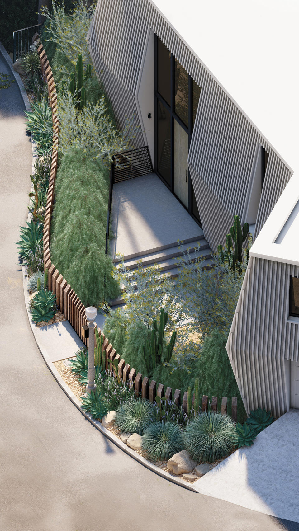 A residential project in Hollywood is lush with native plantings. A fence made from cedar and pressure- treated timber snakes along the property line like a spine.