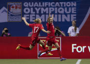 VANCOUVER, CANADA - JANUARY 27: Christine Sinclair #12 of Canada celebrates after scoring her second goal of the game against Mexico with teammate Brittany Timko #17 during the second half of semifinals action of the 2012 CONCACAF WomenÕs Olympic Qualifying Tournament at BC Place on January 27, 2012 in Vancouver, British Columbia, Canada. (Photo by Rich Lam/Getty Images)