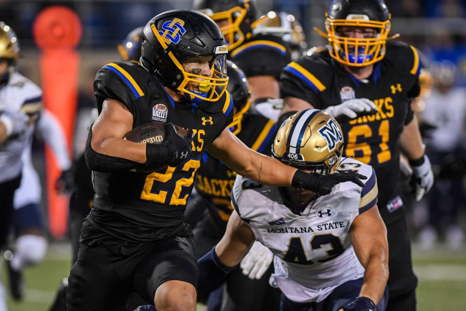 SDSU's Isaiah Davis (22) tries to defend ball while playing against the Montana State Bobcats at Dana J. Dykhouse Stadium in Brookings, South Dakota on Saturday, Sept. 9, 2023.