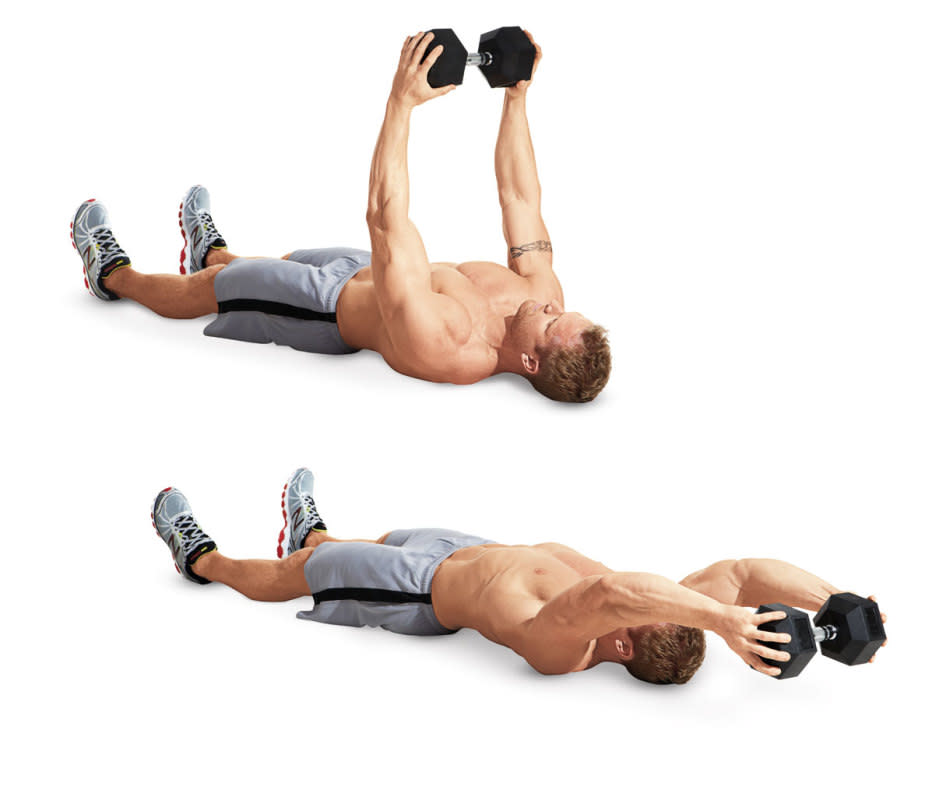 How to Do It:<ol><li>Lie on your back on the floor and hold a dumbbell by its ends overhead with both hands. </li><li>Press the weight over your chest, then reach back over your head, bending your elbows slightly. </li><li>Continue until you feel a stretch in your lats, then pull the dumbbell back over your chest. </li><li>Take a deep breath every time you lower the dumbbell behind you. That's 1 rep.</li></ol>