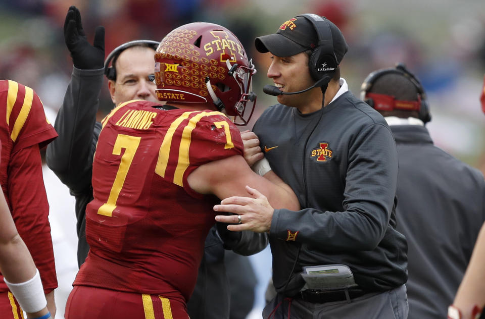 Iowa State’s Joel Lanning (7) thrived after switching from quarterback to linebacker this season. (AP Photo/Charlie Neibergall)