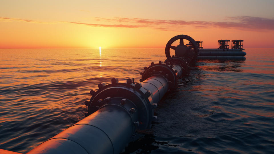 A towering deepwater pipeline pump emerging from a body of water at sunset, symbolizing the company's dedication to offshore logistics.