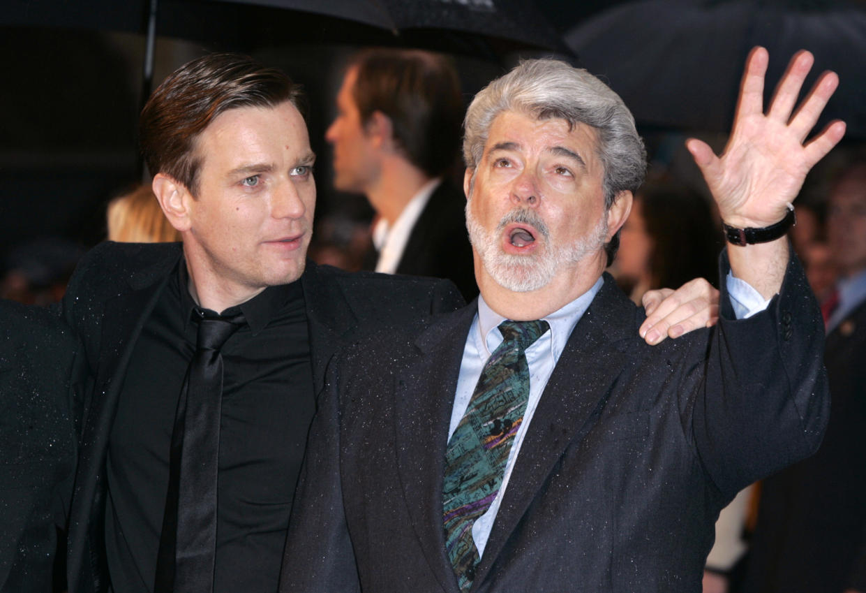 Ewan Mcgregor & George Lucas Attend The 'Star Wars Episode Iii: Revenge Of The Sith' Uk Film Premiere At The Odeon Cinema In London'S Leicester Square. (Photo by Justin Goff\UK Press via Getty Images)