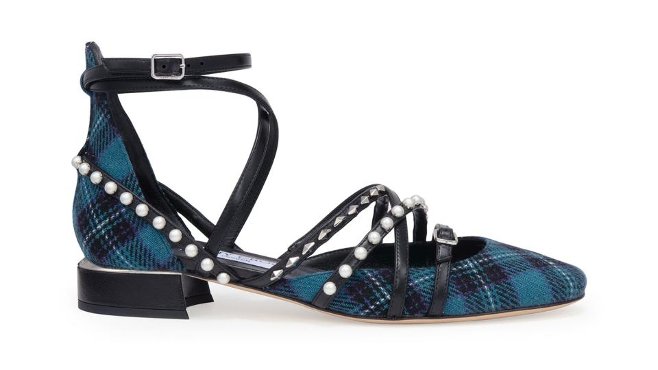 Jimmy Choo’s Celestia ballet flat with punk-inspired tartan and stud detailing.