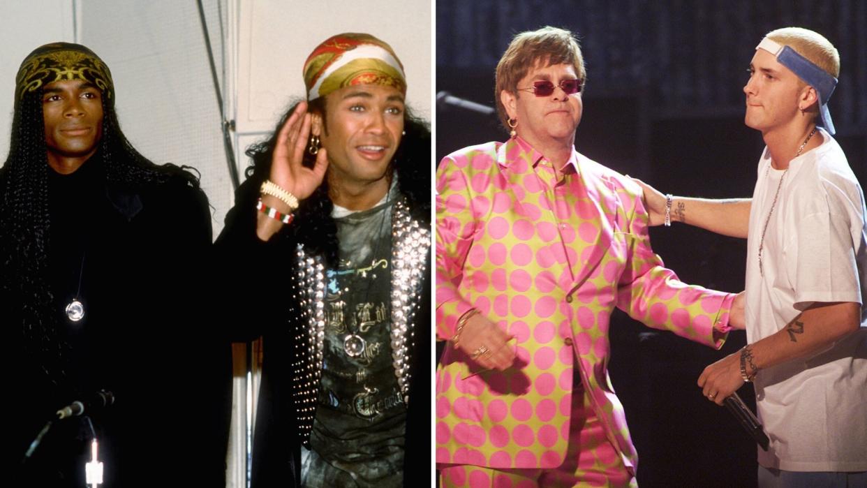 Milli Vanilli, Elton John and Eminem (Getty Images)