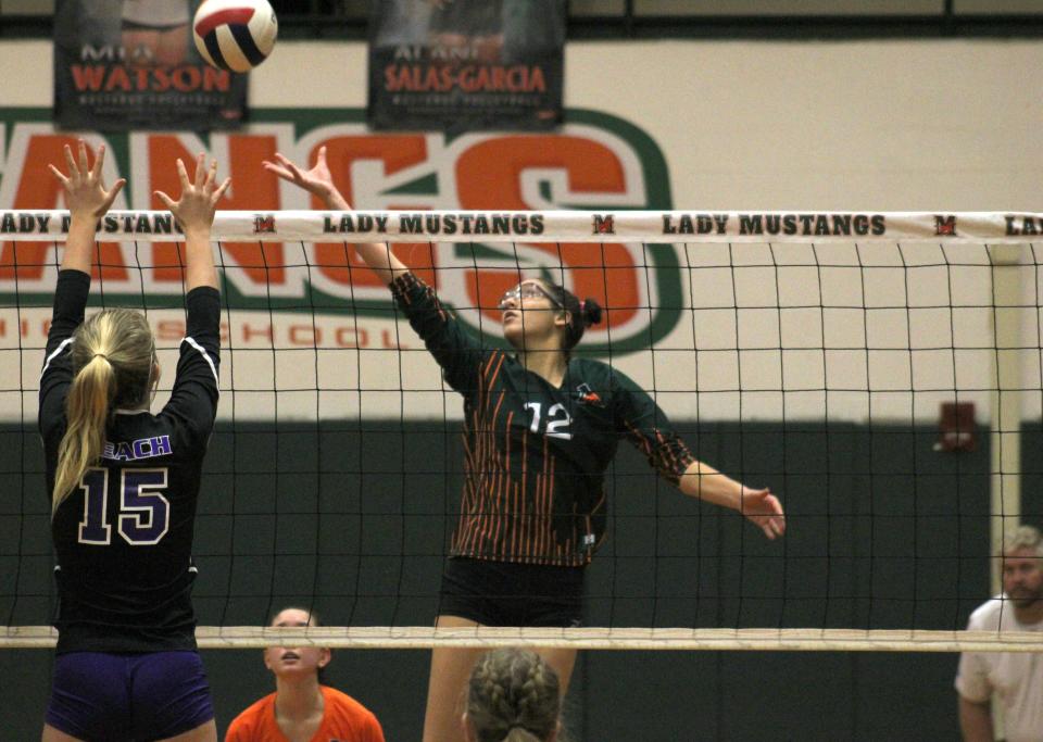 Mandarin's Paola Aviles Morales (12) hits the ball over the net against Fletcher in the 2022 Gateway Conference championship.