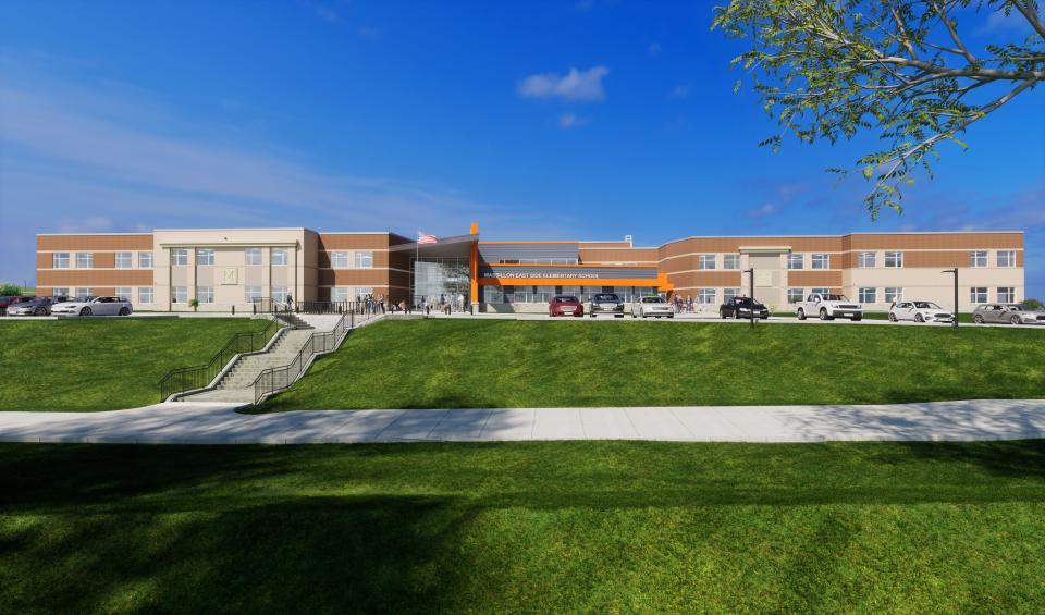 An artist's rendering shows Massillon East Elementary School. The pre-K through third grade building is under construction on the visitor parking lot at Paul Brown Tiger Stadium on the Washington High School campus.