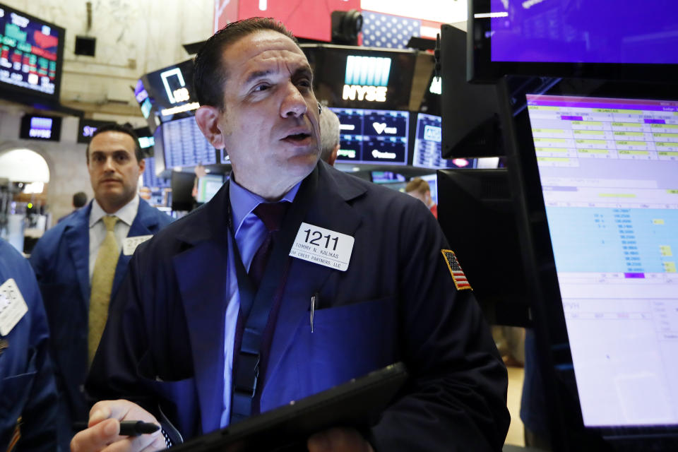 Trader Tommy Kalikas works on the floor of the New York Stock Exchange, Thursday, May 30, 2019. Stocks are edging higher in early trading on Wall Street following two days of losses. (AP Photo/Richard Drew)